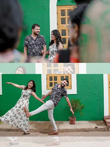 Fun and candid moments captured against a vibrant green wall in Goa, showing the couple's playful interaction and chemistry.