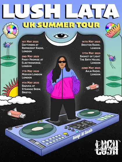 My UK Summer Tour 2025 poster, with a fully stacked schedule of club and radio shows in London and Bristol. After years of waiting, bringing the lush exploration to the UK in the summer was a dream come true.