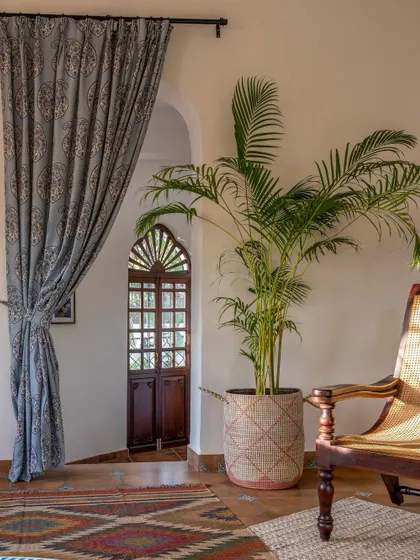 Details from the Goan villa. We used block-printed curtains and traditional Indian furniture to give the space an authentic, rooted feel.