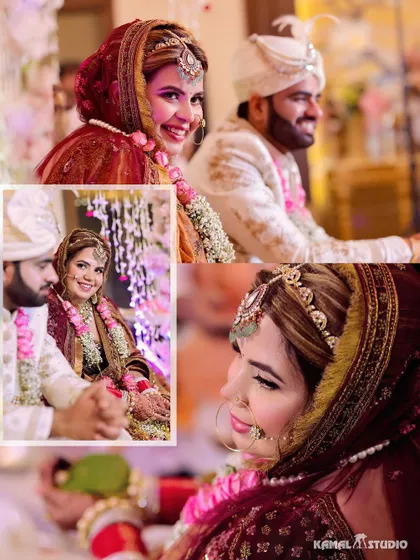 A collage of the couple's candid moments during the wedding ceremony, capturing their smiles and interactions.