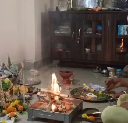 A closer view of the ceremony fire shows another moment from our office puja, shared as a new chapter for ABBS.