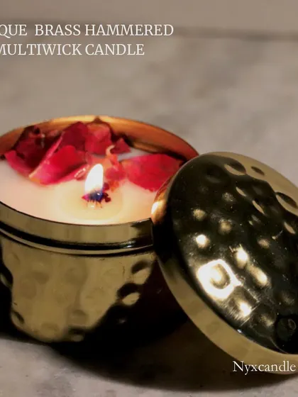 Our antique brass hammered candle with a lid is another elegant option for festive gifting. The hammered texture adds a beautiful, reflective quality.