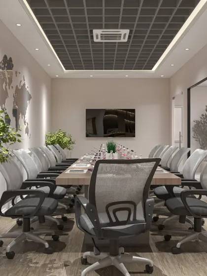 This conference room is designed for global impact, featuring a world map wall decal. The ample greenery and natural wood tones create a fresh and focused environment.