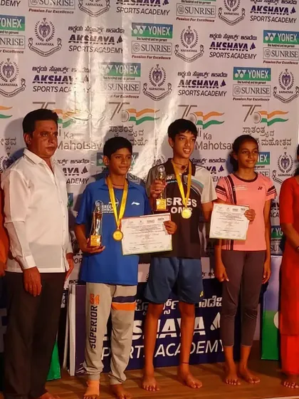 Our U11 and U13 boys doubles winners, Peeyush Tripathy and Toshan Naik, receiving their bronze medals and trophies at the State Ranking Badminton Tournament.