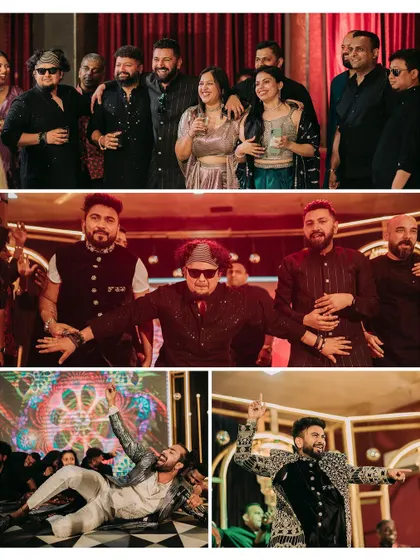 A collage of high-energy moments from the Sangeet party, showing guests and the groom dancing with abandon.