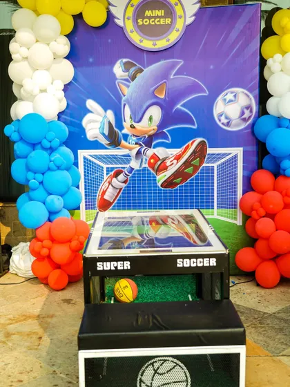 The mini soccer game set up with a Sonic the Hedgehog theme, demonstrating our ability to customize game stalls.