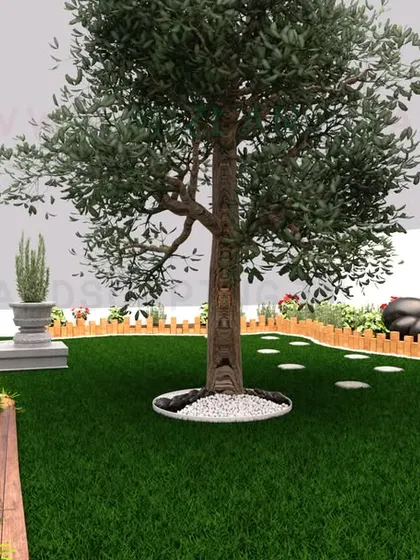 Another perspective from our 3D design software, giving a realistic preview of the garden's look and feel, including trees, water features, and lawn areas.
