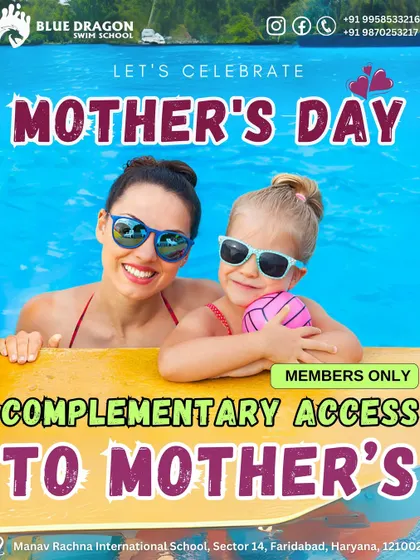 A special treat for our amazing swim moms. This Mother's Day graphic features a mom and daughter smiling in the pool, announcing complimentary access for mothers of our members.