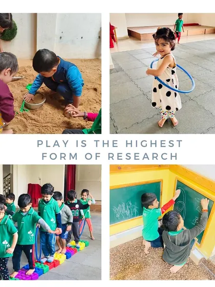 Play is the highest form of research. This collage captures the pure joy of free play, from the sandpit and hula hoops to drawing on the chalkboard.