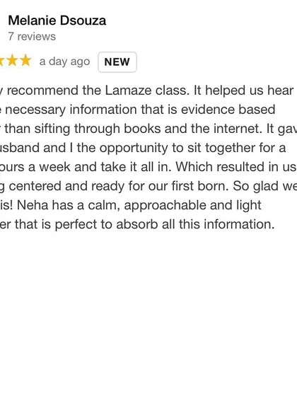 This review praises the calm, approachable manner of the Lamaze class, which helped the couple feel centered and ready for their firstborn by providing evidence based information.