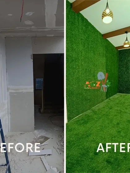 See how I can take a space from a bare construction site to a fully green room. This before and after shows a complete interior makeover using high-quality artificial grass for both the floor and walls, creating a unique and immersive environment.