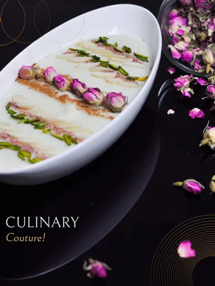This is our take on culinary couture. A traditional milk-based dessert is elevated with delicate rose buds and pistachios, served elegantly to blend classic Indian flavours with modern, sophisticated presentation.