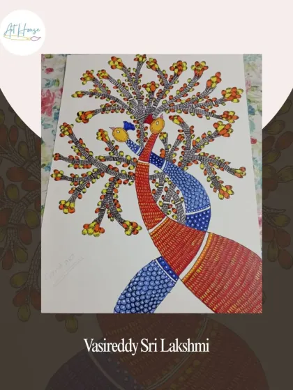 This piece by Vasireddy Sri Lakshmi beautifully captures the essence of Gond art with its vibrant colors and intricate, textured patterns.