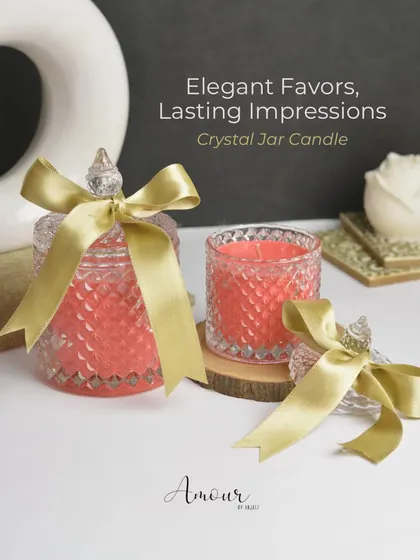 My Crystal Jar Candle, presented as an elegant favor. The intricate crystal-cut glass and beautiful ribbon make it a lasting impression that guests will love to display in their homes.