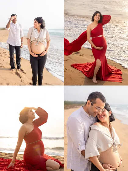 A collage showcasing the variety from a single beach session, from a flowing red gown to casual, candid moments. This shows how we can tell your complete story in one morning.