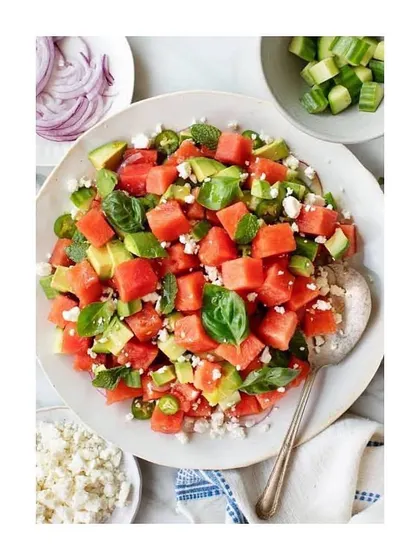 Our cool and fresh Watermelon Salad, made with feta cheese and basil. A perfect light meal for a hot day.