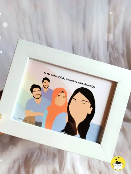 A hand holds the "chocochips" friendship frame, giving a clear view of the custom digital art and the thoughtful quote, perfect for a budget-friendly gift.