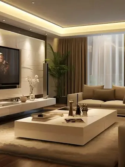 A luxurious living room featuring a floating white media console against a textured wall panel. The design incorporates cove lighting in the ceiling and spotlights to create a warm, inviting ambiance perfect for movie nights.