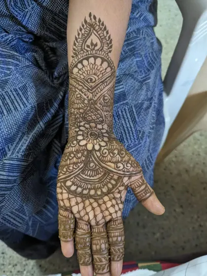 A beautiful, intricate design covering the back of the hand and wrist. The pattern is a mix of floral, paisley, and geometric elements.