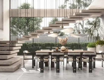 A dining scene, reimagined. Here, a floating staircase creates a dramatic architectural backdrop for a dining table made of rich wood. Sculpted chairs and artistic pendant lights complete this gallery-like space.