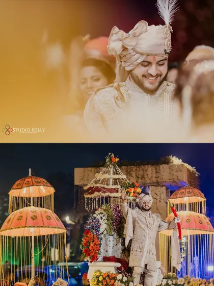 A collage of the groom's baraat and grand entry, full of smiles and celebration.