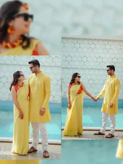 A diptych of the couple posing by the pool at their Haldi function. Their coordinated yellow outfits and happy expressions make for a perfect portrait.