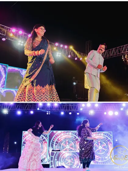 A collage of various family members putting on dance performances at the Sangeet.