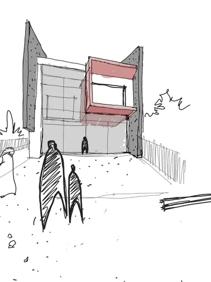 A conceptual sketch for "Villa 38," exploring the relationship between solid and void with a projecting red volume. This drawing is a crucial first step in defining the architectural massing and character of a project.