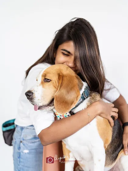A big hug for a very patient Beagle. The simple white background in this studio shot keeps the focus on the emotional connection.