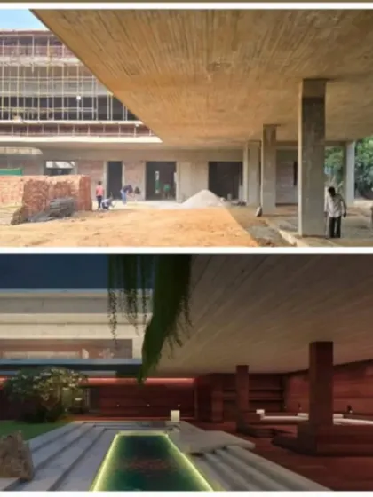 A before and after view of our Khwabgah project in Delhi. This multi generational home celebrates the outdoors with green rooftops and courtyards, using noble materials like red sandstone and white marble.