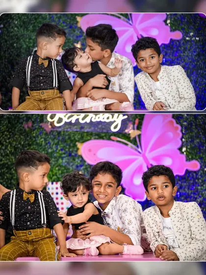 A heartwarming moment between siblings and cousins at a birthday party. I always make sure to capture these precious family connections during event coverage.