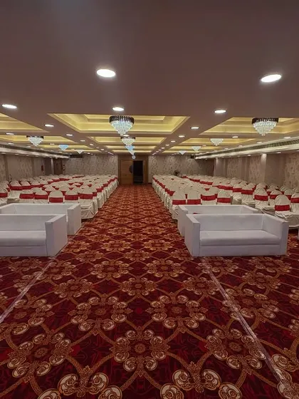 A view from the back of Jashan Banquet hall, showing the seating arrangement and the clear, unobstructed view of the entire hall, thanks to its pillarless design.