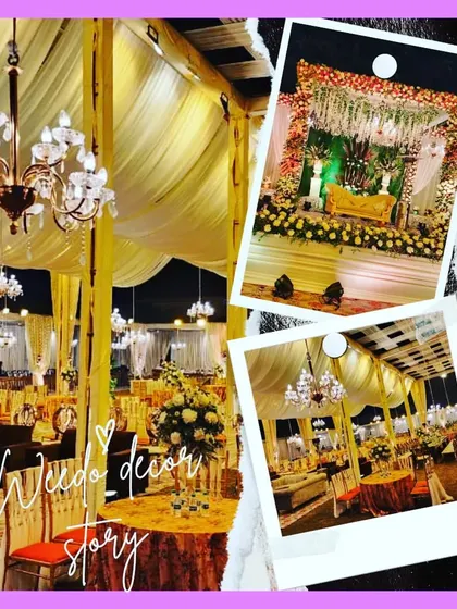 A decor story collage of a yellow-themed wedding. It shows the elegant guest seating with chandeliers and the floral stage, showcasing a complete event design.