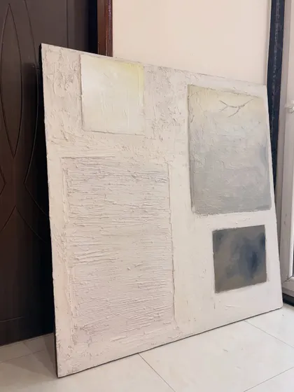 The full view of the large textured canvas before framing. The composition is balanced with blocks of varying textures and subtle color shifts, creating a calming yet engaging piece.