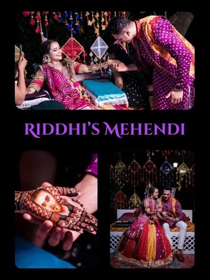 A summary of 'Riddhi's Mehendi', highlighting the incredible portrait henna art and the couple's coordinated traditional outfits.
