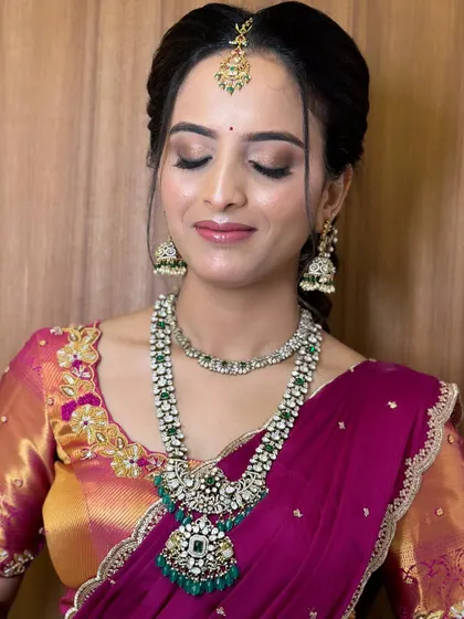 A close-up of the eye makeup for Chandana's engagement. The soft smokey effect adds a touch of drama without being overpowering.