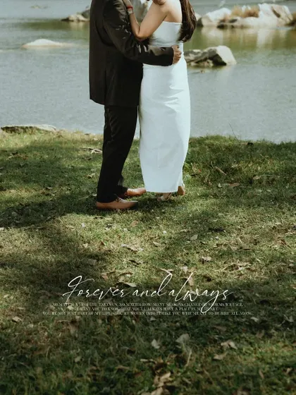 A close-up detail shot of the couple's embrace by the lake, with the words "Forever and always" elegantly overlaid, capturing the promise of their love.
