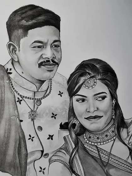 A detailed A3 size couple portrait commission for a client in Ahmedabad. I focused on the traditional attire and jewelry, which required careful and precise pencil work.