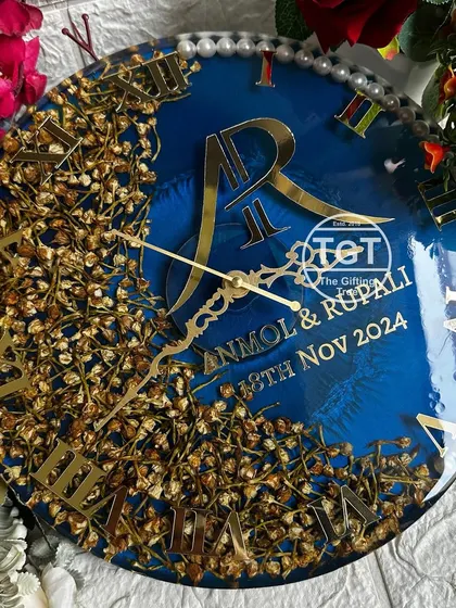 This shot shows the complete 12-inch clock face. I arranged the varmala flowers to sweep across the left side, balancing the couple's monogram and wedding date on the right.