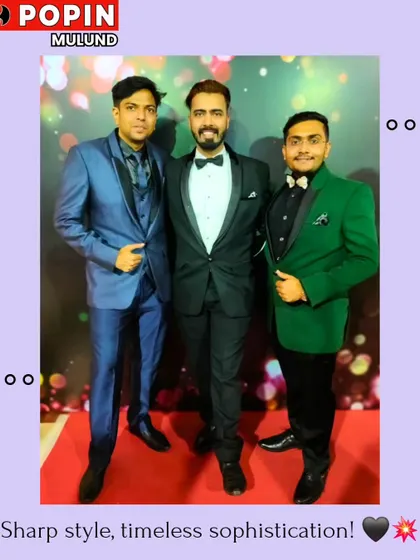 Three clients ready for an event, all dressed in my formal wear. From left to right: a blue suit, a black tux, and a bold green blazer, showcasing the variety I offer.