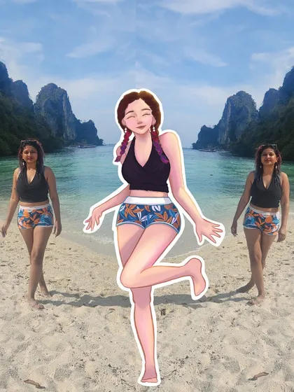 A fun, playful illustration of my beach outfit at the iconic Phi Phi Islands. This style is perfect for capturing the carefree energy of a vacation.