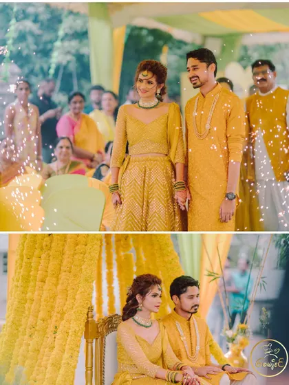 The couple's grand entrance with cold pyro, followed by a serene moment on their Haldi stage.