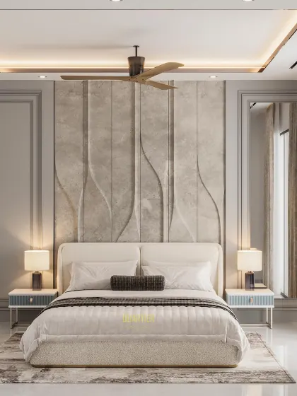 A master bedroom design that blends European elegance with Scandinavian simplicity. The feature wall has customized wavy paneling, while the opposite wall includes an integrated TV unit and workstation in a calming pastel blue.
