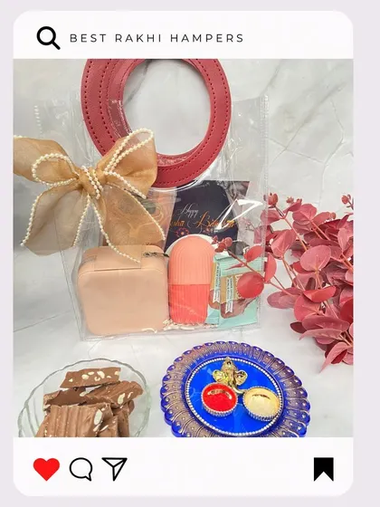 A chic and minimalistic bag hamper for a stylish sister. It contains beauty essentials and chocolates, presented in a modern transparent bag.