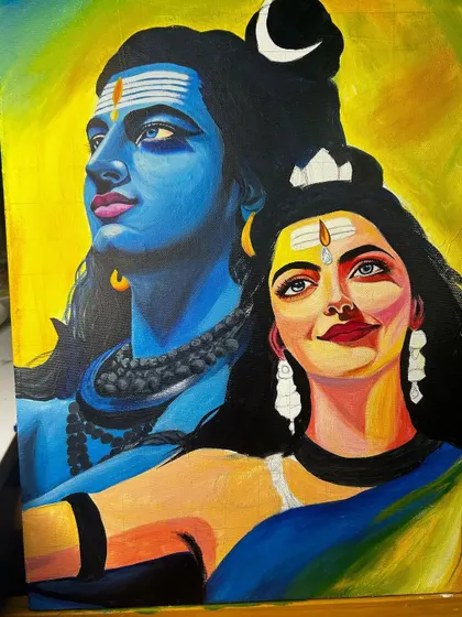 The completed 18x14 inch Shiv Parvati painting, showing the contrast and harmony between their forms. This piece is varnished for protection and is ready to become a centerpiece for your devotional space.