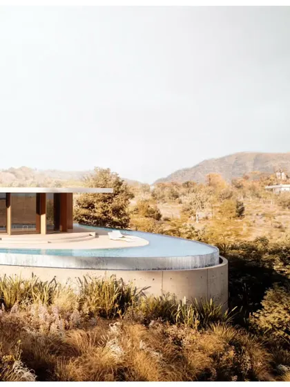 A detail of the infinity pool's edge, overlooking the mountains and valleys of Udaipur.