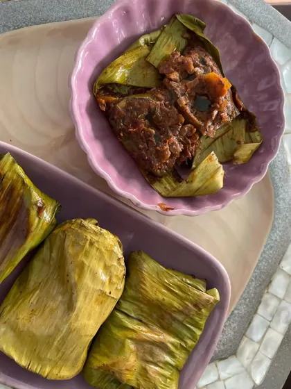 My vegetarian Pollichathu, made with eggplant and sweet potato. The same technique transforms these vegetables into a smoky, spicy, and incredibly delicious dish.