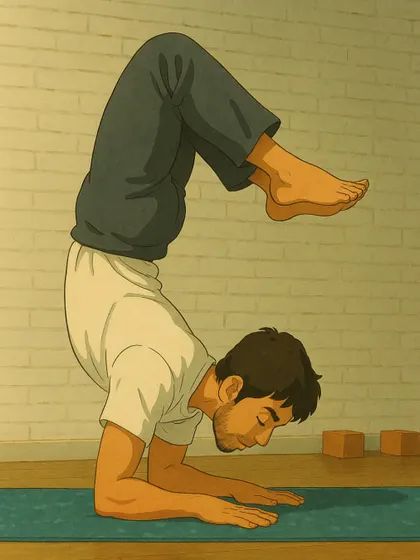 A serene, Ghibli-style depiction of Pincha Mayurasana (Feathered Peacock Pose), showcasing the quiet strength and focus required for the inversion.