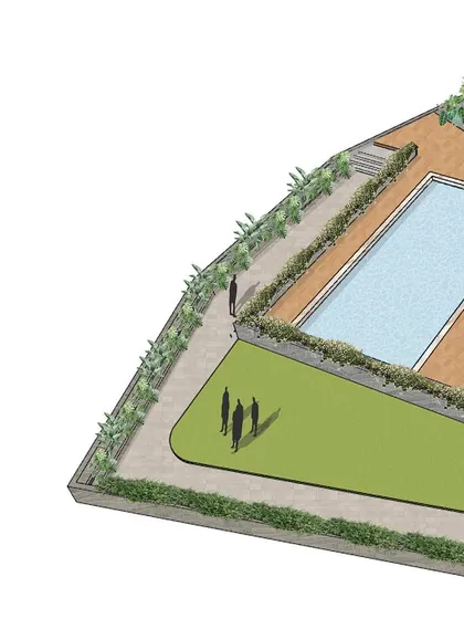 This design detail illustrates my human-centric approach, focusing on creating recreational spaces that promote wellbeing. The plan shows a swimming pool and lawn area designed to encourage community interaction within a residential apartment complex.