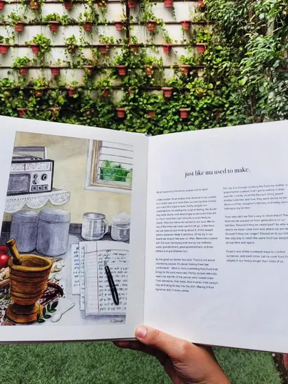 An inside look at our journal, featuring the essay "just like ma used to make" alongside a beautiful illustration. We've included stories and reflections to inspire you as you fill the pages with your own family's culinary history.